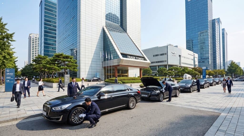 법인차량 탁송 서비스 관련 무역센터 앞 다중 차량 동시 점검 (Corporate vehicle consignment service multi-vehicle inspection at Trade Tower)