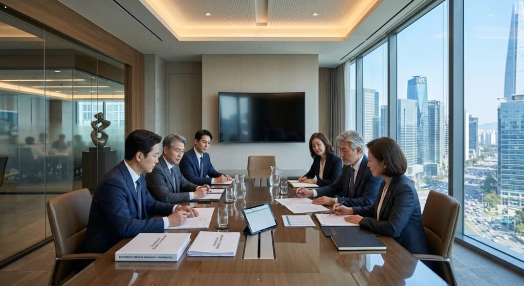 임원 수행기사 파견 관련 법인 서비스 계약을 논의하는 경영진 회의 모습