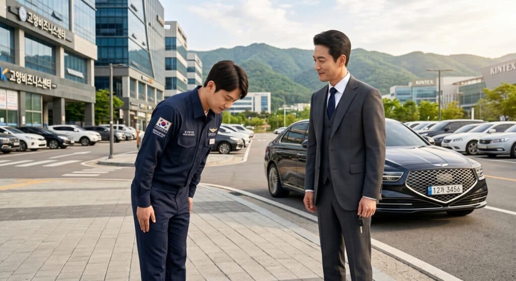 자동차탁송기사 관련 킨텍스 비즈니스 구역 내에서 고객에게 정중하게 인사하며 서비스를 마무리하는 모습
