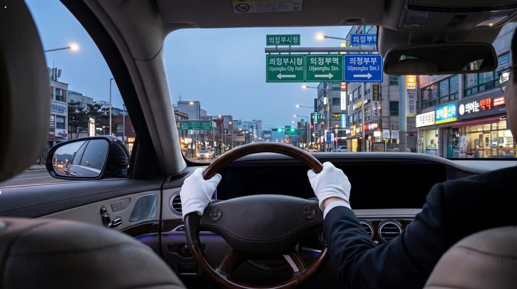 의정부역 및 시청 방향 이정표를 확인하며 정밀 주행 중인 전문 기사의 시야