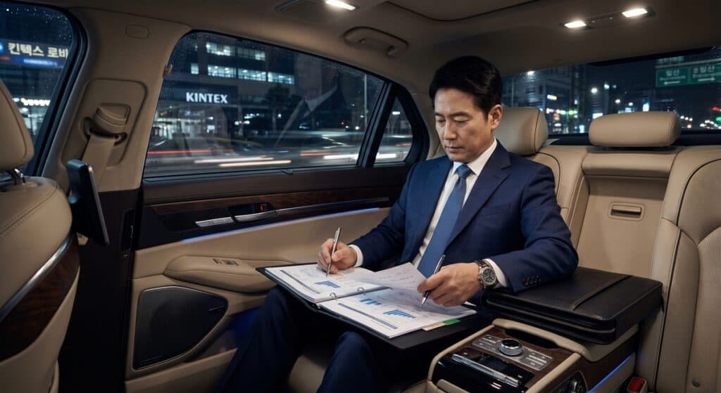 VIP 의전 차량 서비스 고급 세단 뒷좌석에서 서류를 검토하며 업무를 보는 대기업 임원 (Corporate executive reviewing business documents in the back seat of a premium sedan).
