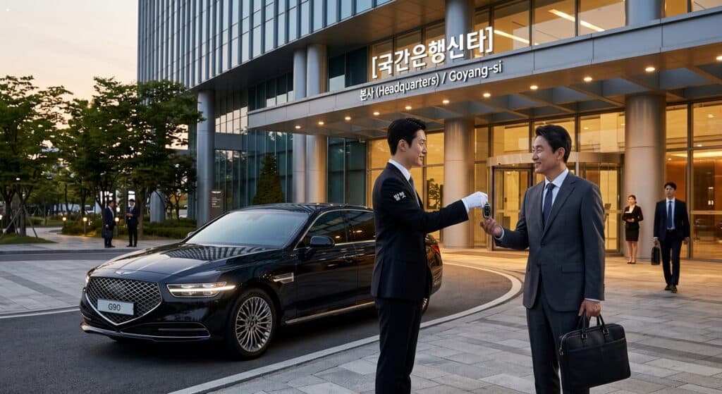 과태료 전액 보상 대리운전 관련 고양시 비즈니스 권역에서 임원과 기사가 vehicle handover를 진행하는 모습.