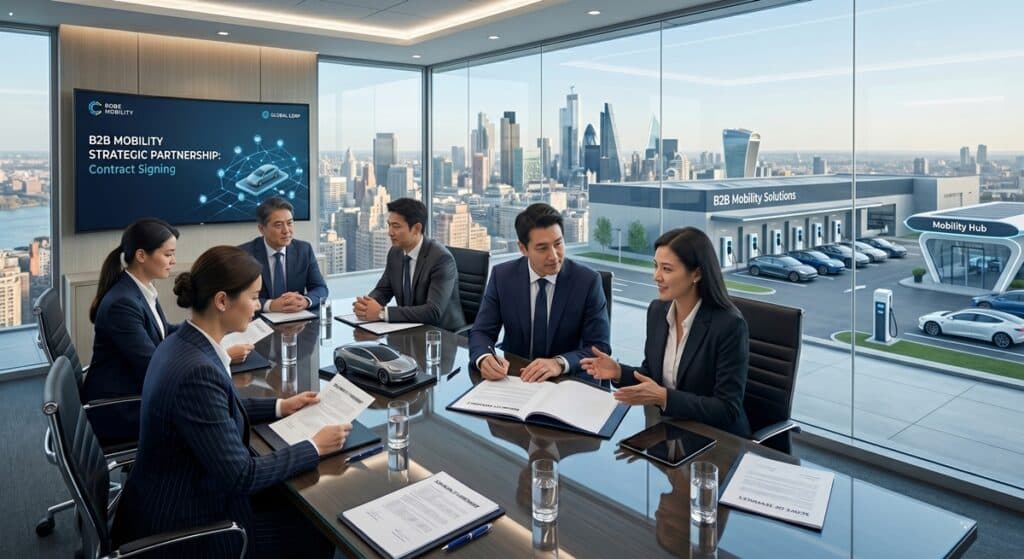 법인대리운전 계약 관련 스마트 모빌리티 솔루션 도입을 논의하는 의사결정권자들의 최고위급 회의 모습 (Executives discussing B2B mobility strategic partnership)