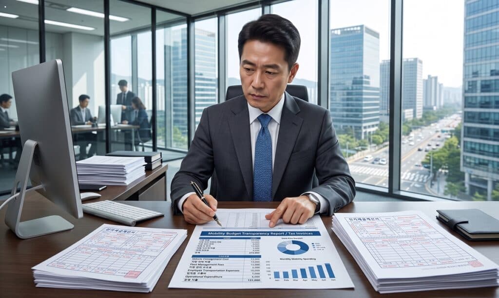전국 차량 탁송 비용 정산 및 세금계산서 발행 내역을 검토하는 기업 임원 모습 (A corporate executive reviewing nationwide vehicle consignment cost settlements and tax invoice issuance details)