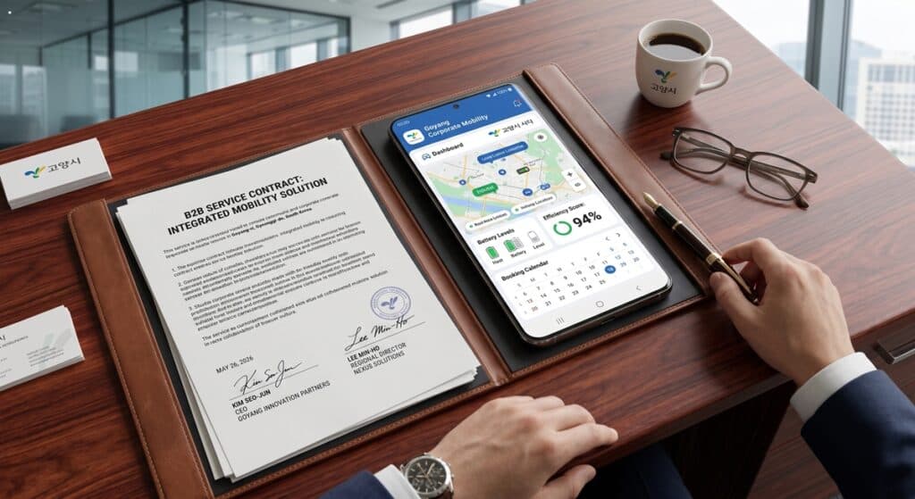 과태료 전액 보상 대리운전 관련 B2B contract와 smart mobility app이 놓인 executive desk 모습.