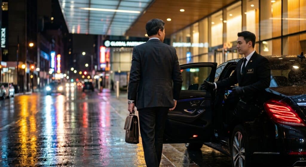 법인대리운전 계약 관련 야간 비즈니스 미팅 종료 후 안전하게 차량에 탑승하는 임원과 에스코트하는 기사 (Senior executive safely returning after a night meeting)