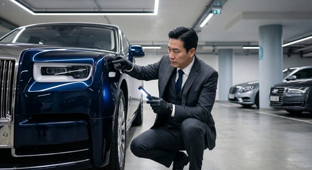 법인차량 탁송 서비스 관련 지하 주차장 하이엔드 세단 정밀 검수 (Corporate vehicle consignment service precision inspection of high-end sedan in underground parking)