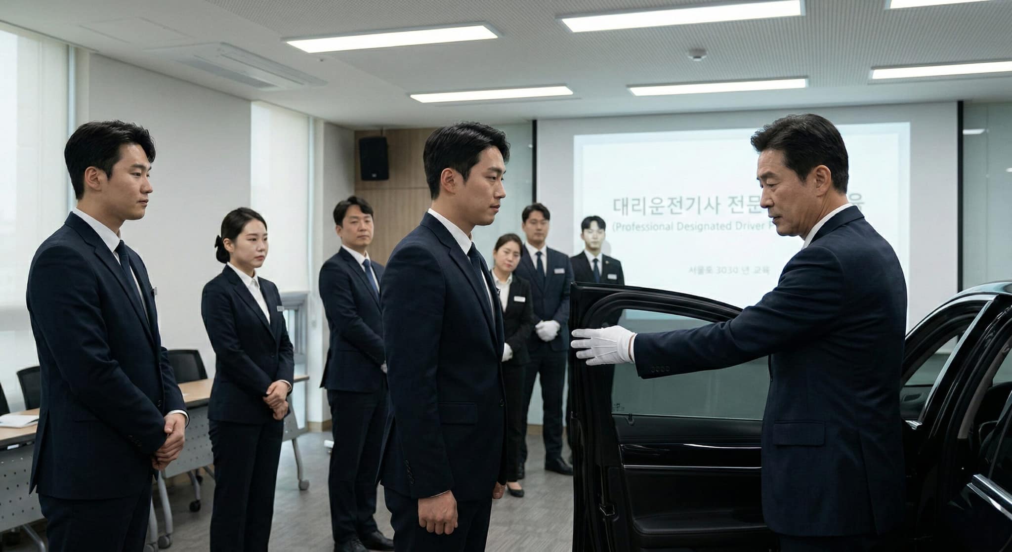 대리운전기사모집(Designated Driver Recruitment) 과정의 핵심인 전문 의전 교육(Protocol Training) 현장을 시각화한 이미지입니다. 고급 서비스 정신과 정교한 에티켓 교육 과정을 물리적 광학 기술로 렌더링했습니다.
