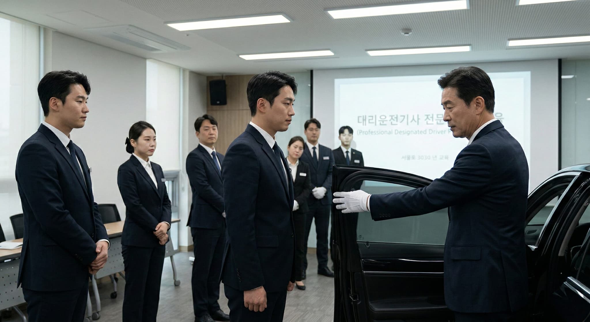 대리운전기사모집(Designated Driver Recruitment) 과정의 핵심인 전문 의전 교육(Protocol Training) 현장을 시각화한 이미지입니다. 고급 서비스 정신과 정교한 에티켓 교육 과정을 물리적 광학 기술로 렌더링했습니다.