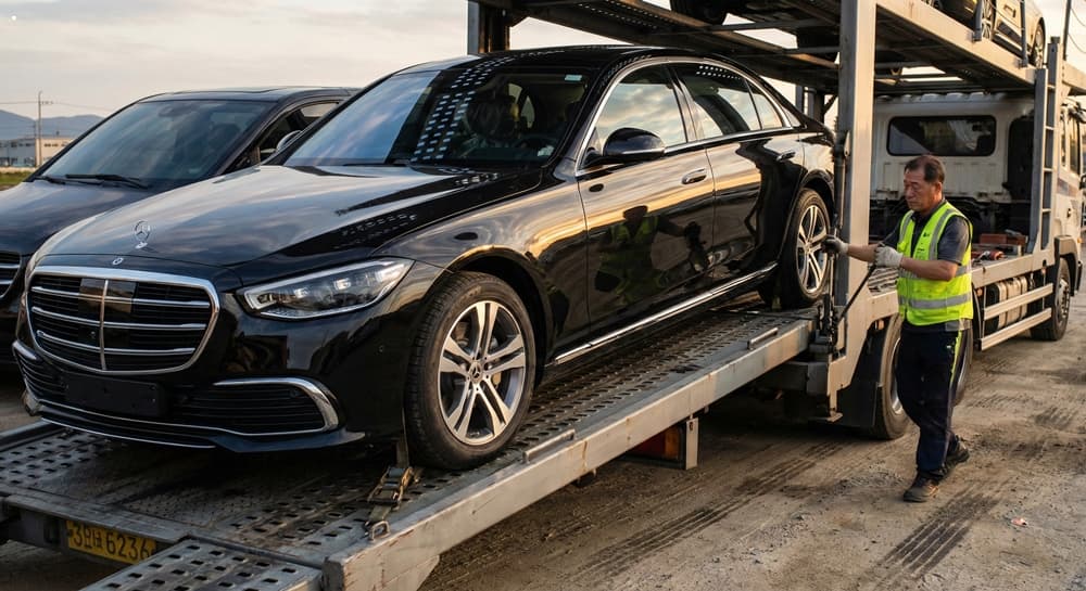 법인탁송업체 관련 고급 세단을 안전하게 운송하는 모습