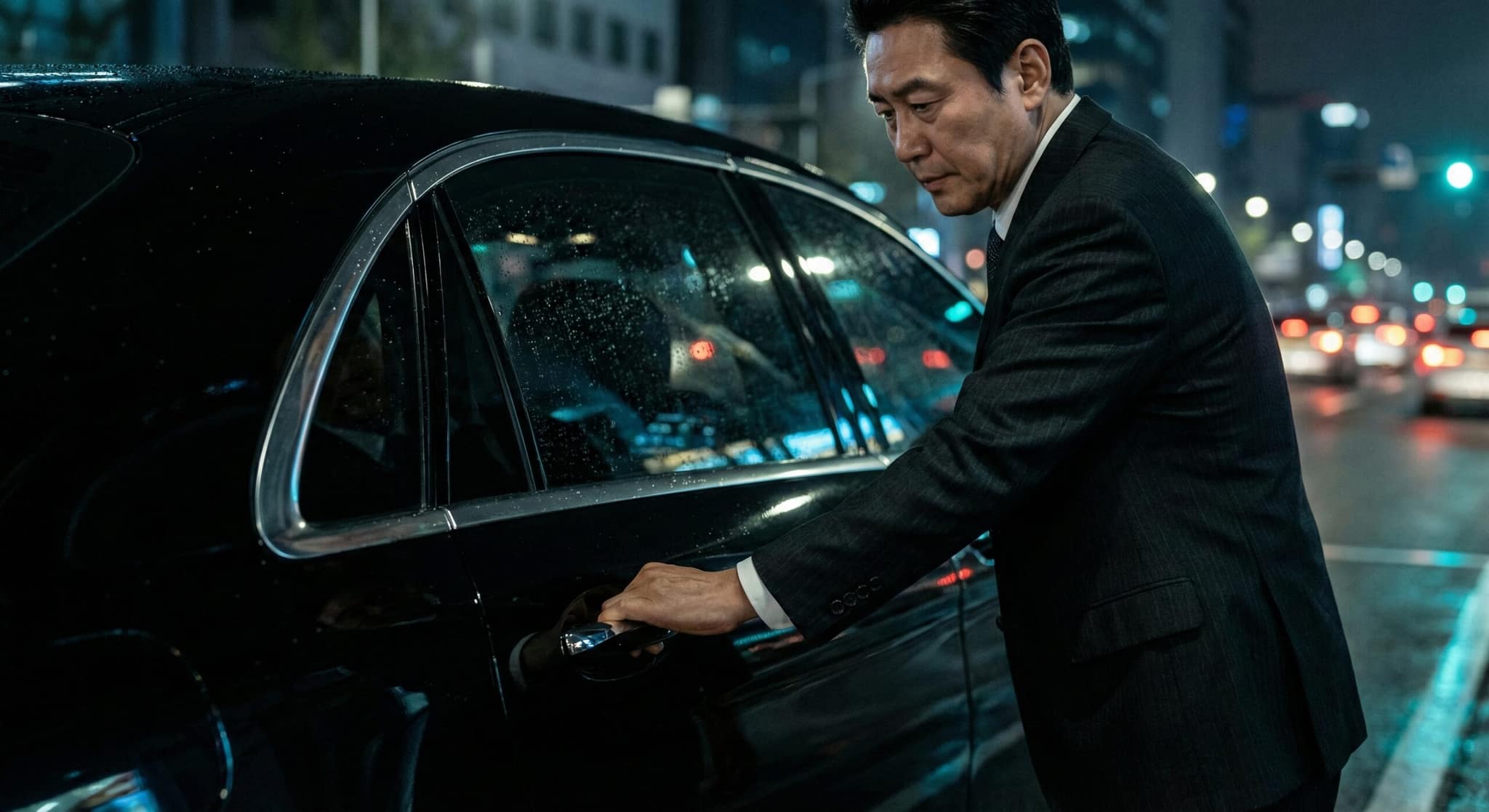 정장을 입은 법인대리운전 기사가 Gangnam 도심 야경 속에서 고급 Executive Sedan의 문을 열며 VIP Protocol을 수행하는 사실적인 모습 (Realistic depiction of a professional corporate chauffeur performing VIP protocol by opening a luxury sedan door in urban night setting).