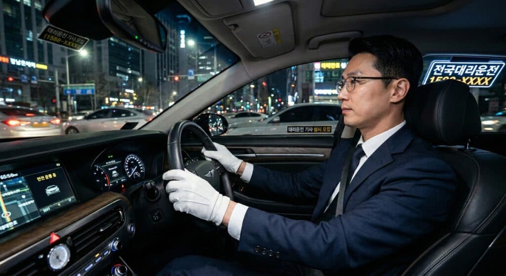 전국대리운전 관련 도심 야간 주행 중인 고급 세단 모습