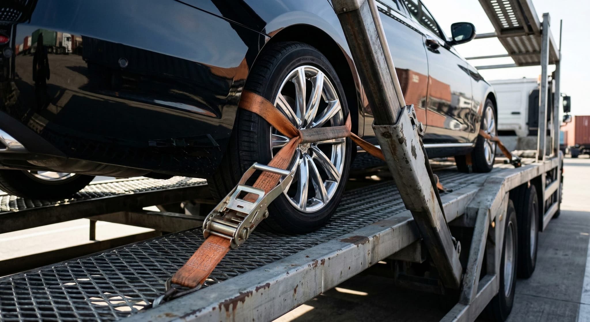 카캐리어(Car Carrier)에 차량을 안전하게 고정하기 위해 휠 스트랩과 래칫을 사용하여 정밀하게 적재(Secure Loading)하는 물류 현장 실사 이미지.