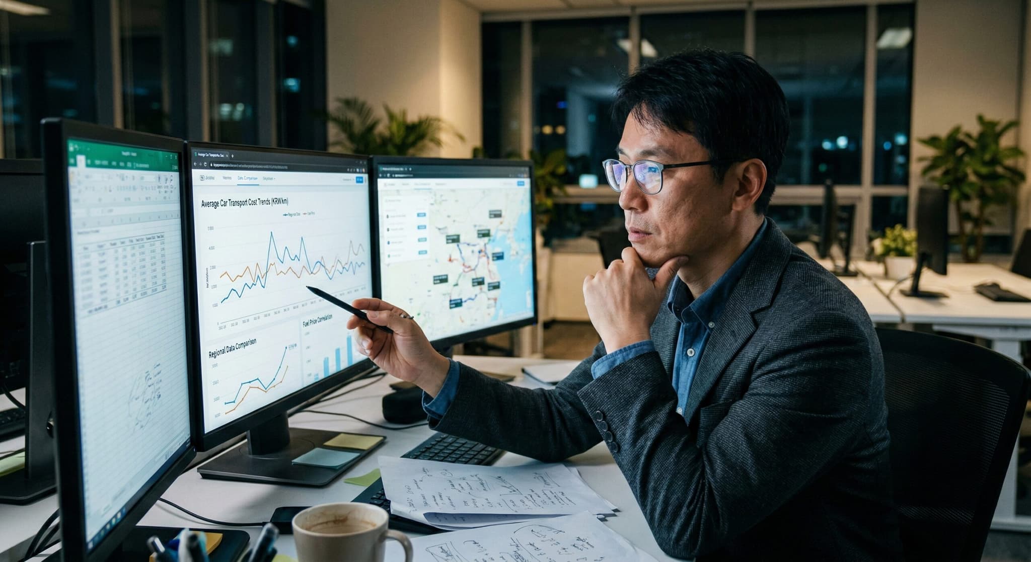 자동차탁송비용(Car Transport Cost) 데이터와 지역별 Logistics Network를 분석하여 효율적인 운송 전략을 수립하는 데이터 전문가의 실사 이미지.