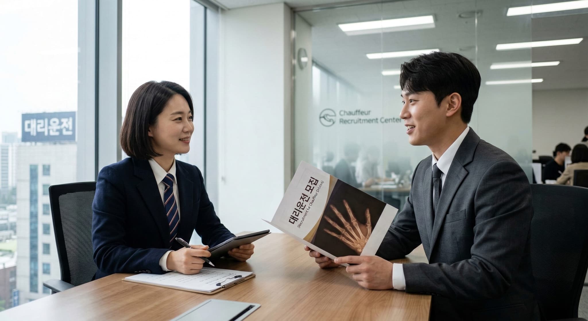 세련된 오피스 환경에서 대리운전 기사 모집을 위해 인터뷰를 진행 중인 Chauffeur Recruitment Interview 모습.