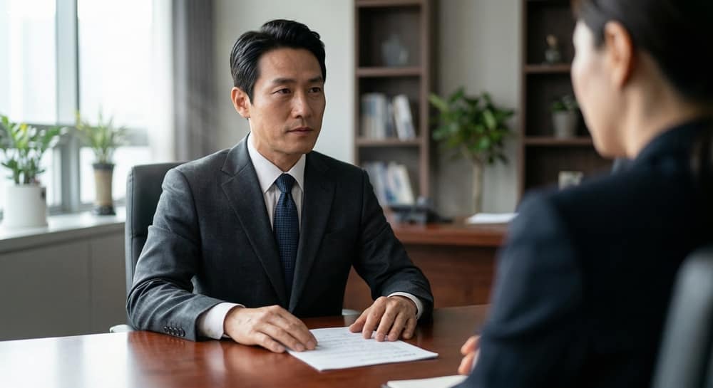 전문 수행기사 구인구직을 위한 심층 Interview 현장. 이력서를 바탕으로 Chauffeur의 역량과 인성을 검증하는 진지한 면접 분위기를 담은 하이엔드 오피스 시네마토그래피.