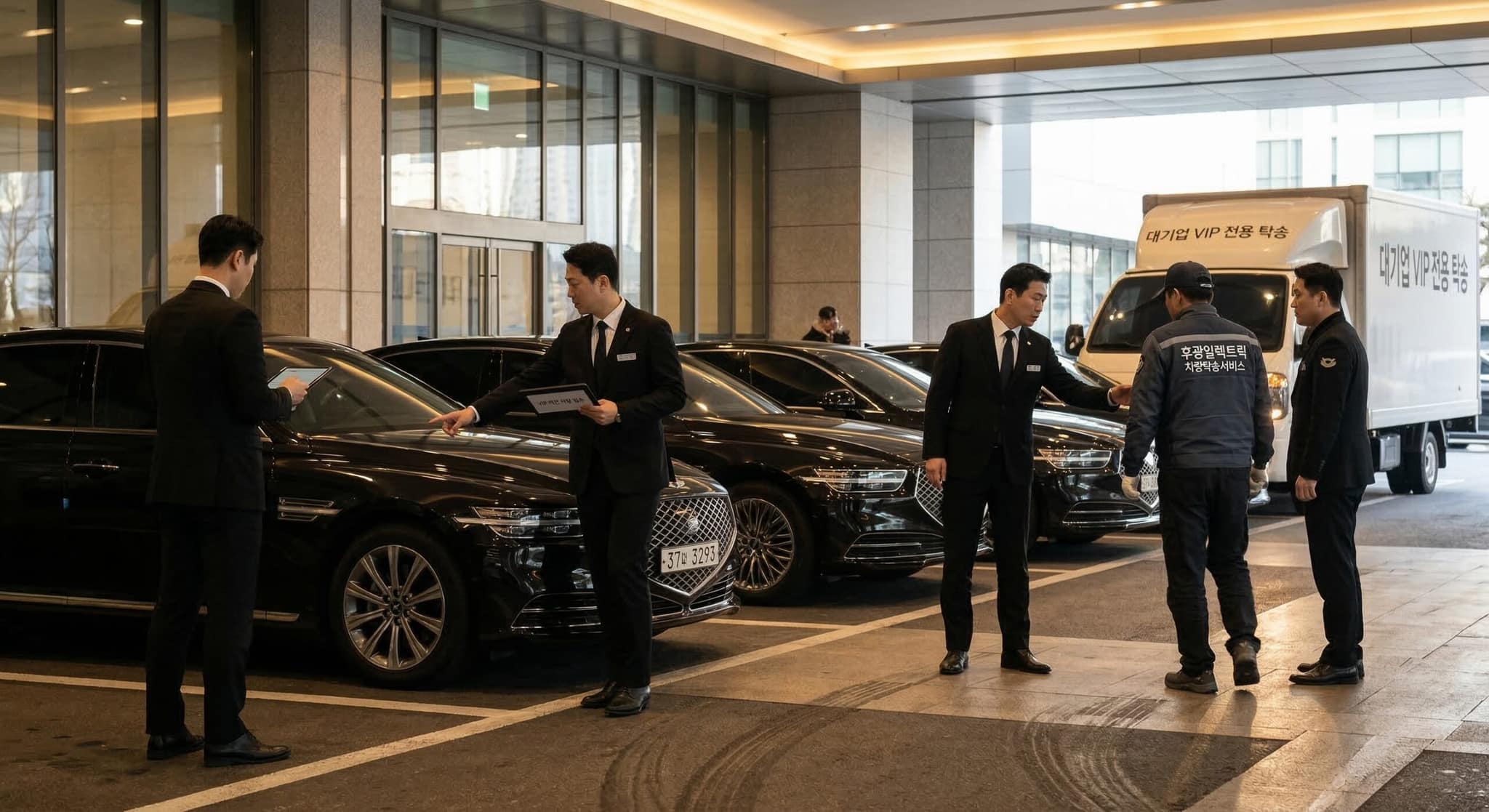 대기업 사옥 프라이빗 입구에서 consignment service drivers가 탁송한 Genesis G90 차량을 검수하며 conglomerate VIP protocol 팀이 의전을 준비하는 모습.