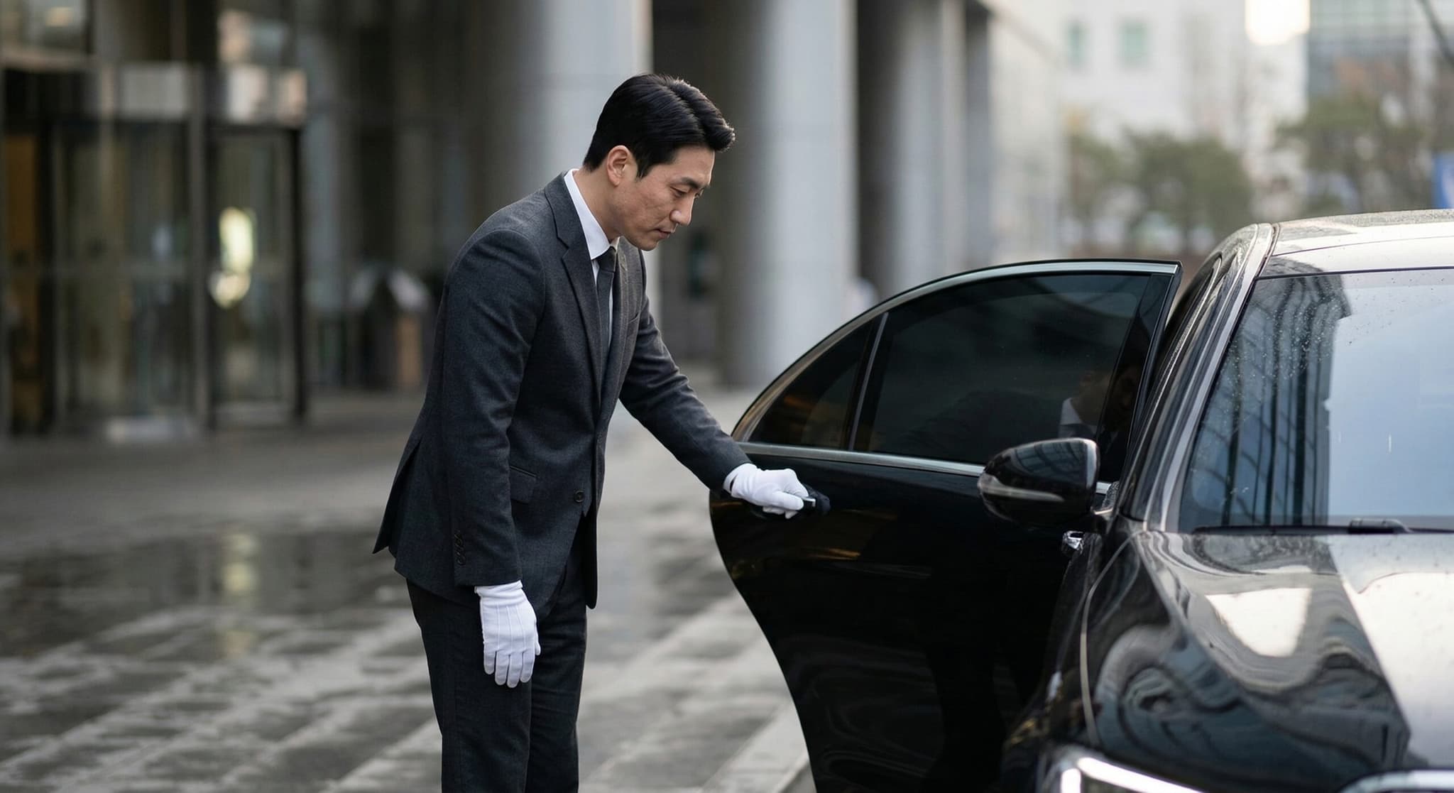 정중한 태도로 고급 승용차 문을 여는 법인대리운전 기사의 VIP 의전 서비스 모습 (A professional chauffeur performing Corporate Chauffeur Protocol and VIP Hospitality service, opening the door of a luxury sedan).