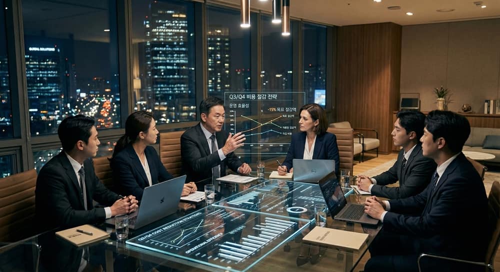 늦은 밤 고층 빌딩 보드룸에서 동아시아 corporate executives가 유리 테이블 위 charts를 보며 cost-reduction strategies를 논의하는 physically accurate 렌더링 현장.