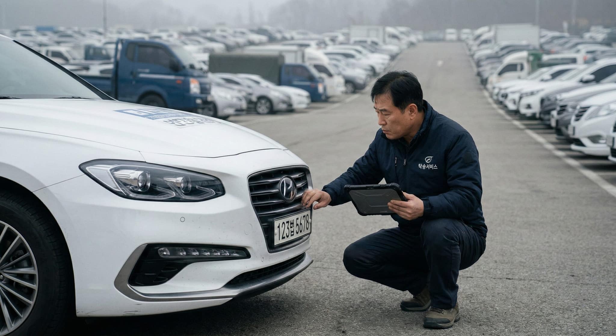 넓은 야외 주차장에서 탁송 출발 전 차량의 상태를 꼼꼼하게 확인하는 corporate vehicle delivery inspection 현장의 전문 기사.