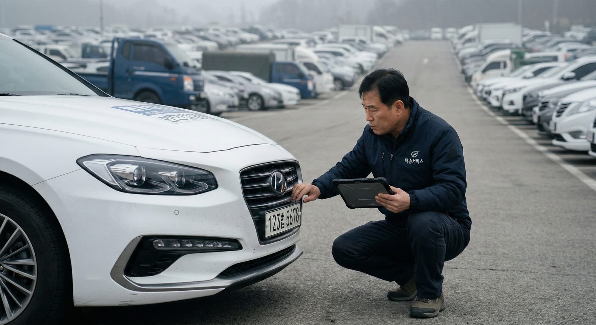 넓은 야외 주차장에서 탁송 출발 전 차량의 상태를 꼼꼼하게 확인하는 corporate vehicle delivery inspection 현장의 전문 기사.