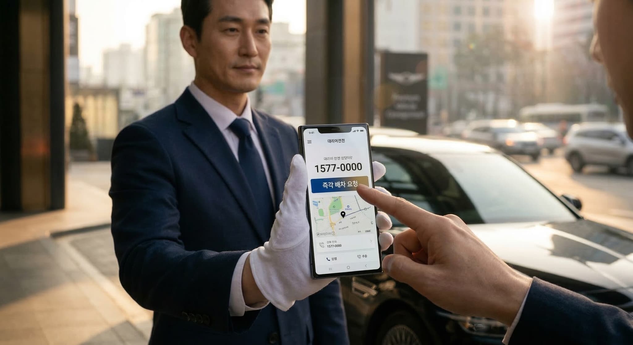 야간 도심에서 스마트폰을 이용해 대리운전 전화번호로 즉각 배차를 요청하는 모습 (A close-up of a user requesting immediate designated driver dispatch via smartphone phone number in a night city environment).