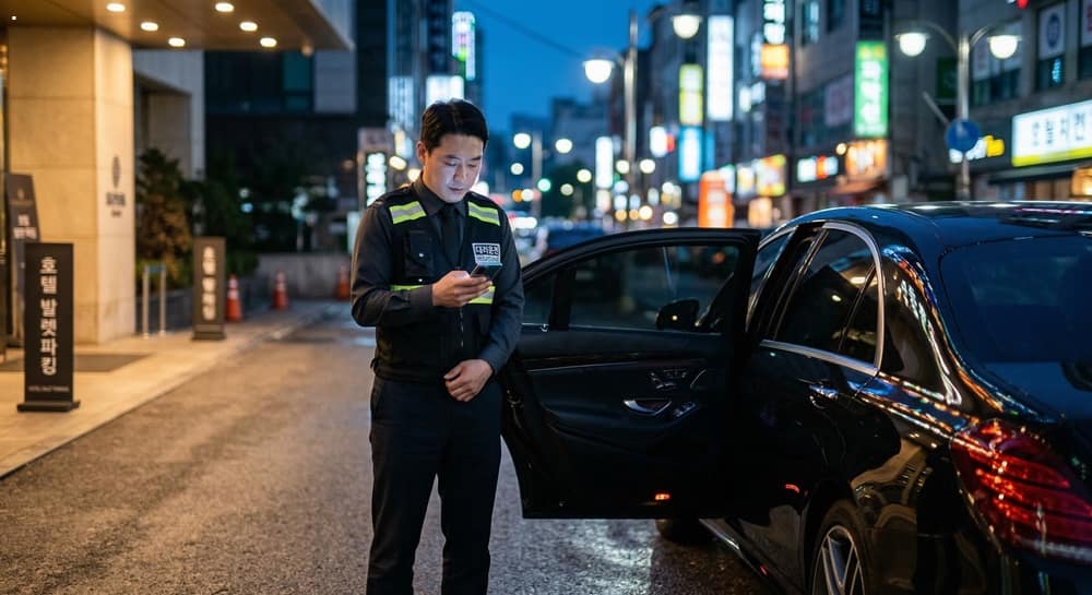 비즈니스 미팅(Business Meeting) 종료 후 고급 세단 옆에서 고객을 대기 중인 전문 대리운전 기사(Designated Driver)의 모습. 야간 도심의 안전과 신뢰를 상징함. (A professional designated driver waiting by a luxury car after a corporate meeting, symbolizing safety and trust in urban nightlife.)