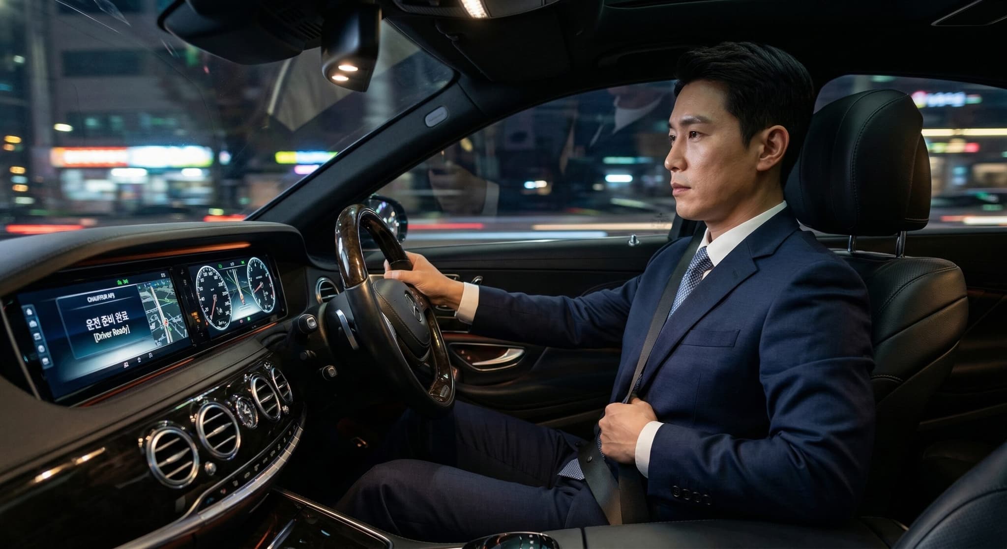 정장을 입은 남성 대리운전 기사(Designated Driver)가 고객의 고급 세단(Designated Driver Chauffeur Service) 운전석에 앉아 전문적인 **탁송 서비스(Designated Driver Service)**를 제공하기 위해 안전벨트를 매며 운전 준비를 하는 실사 모습.