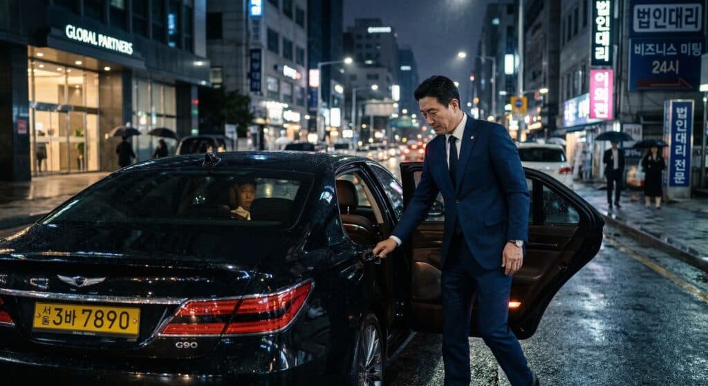 법인대리 관련 야간 비즈니스 미팅 후 의전 차량에 탑승하는 임원 모습