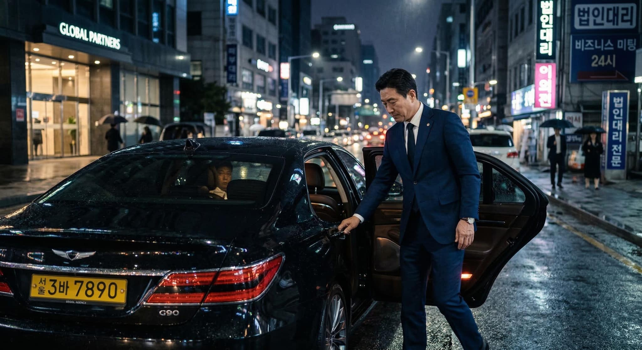 고급 네이비 정장을 입은 기업 임원이 야간 비즈니스 미팅 후 법인대리(Corporate Chauffeur) 시스템을 통해 배차된 의전 차량(Protocol Vehicle)에 탑승하는 시네마틱한 순간. Arri Alexa 65 특유의 저조도 텍스처와 PBR 금속 반사가 강조됨.