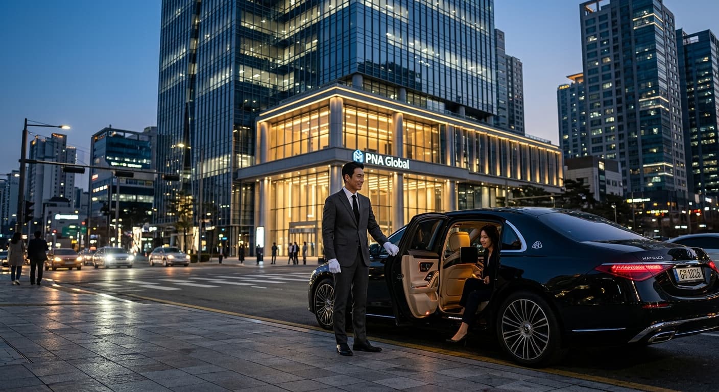 해 질 녘 도심 고층 빌딩 앞에서 Charcoal Suit를 입고 화이트 글로브를 착용한 전문 Chauffeur가 Luxury Black Sedan의 뒷문을 정중히 여는 Cinematic Photorealistic 장면.