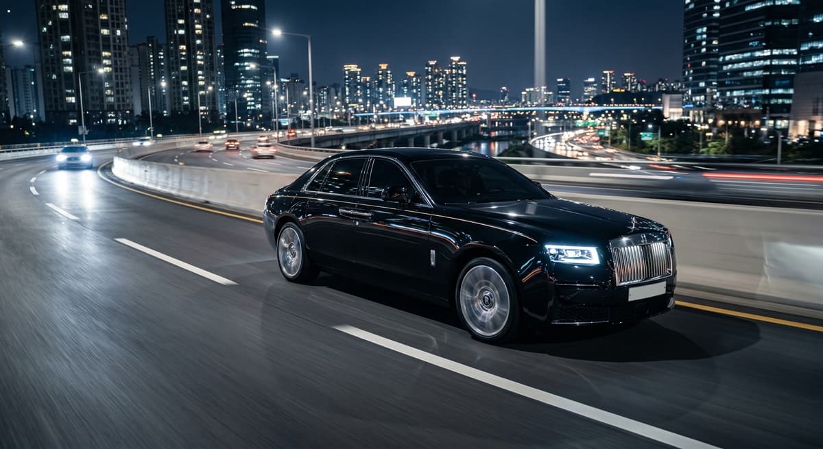 밤의 도시 고속도로를 달리는 럭셔리 블랙 세단의 Cinematic shot으로, PBR 기반의 고광택 차체 반사와 Arri Alexa 65의 Dynamic range, 정교한 Motion blur를 통해 자동차 광고 수준의 Photorealistic 이미지를 구현했습니다.