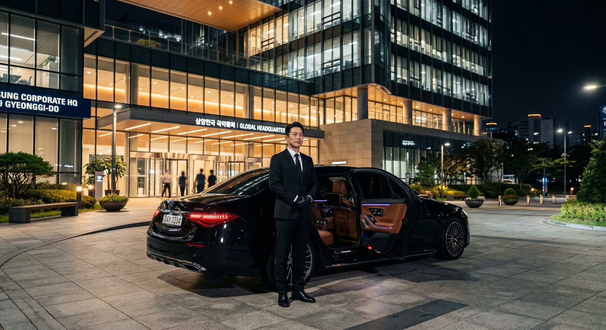 화려한 야간 도심의 현대적인 유리 빌딩 앞, 최고급 블랙 세단(luxury black sedan) 옆에 정중하게 대기하고 있는 전문 쇼퍼(professional chauffeur)의 고해상도 8k 실사 이미지.