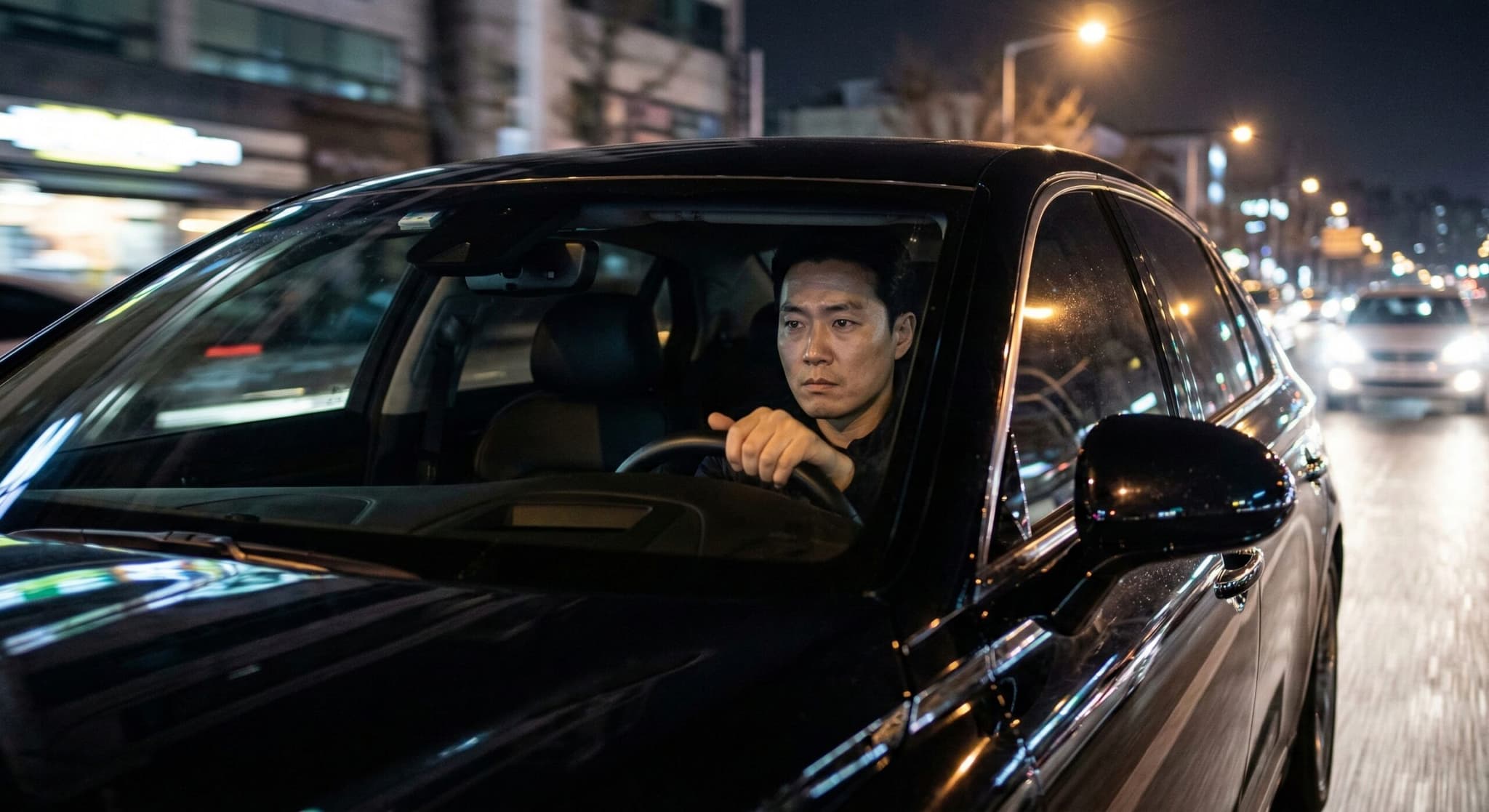대리기사 모집(chauffeur recruitment) 과정에서 제네시스 G90 고급 세단(luxury sedan)의 야간 주행 테스트(night driving test)를 진행하며 고도로 집중하고 있는 운전자의 모습.