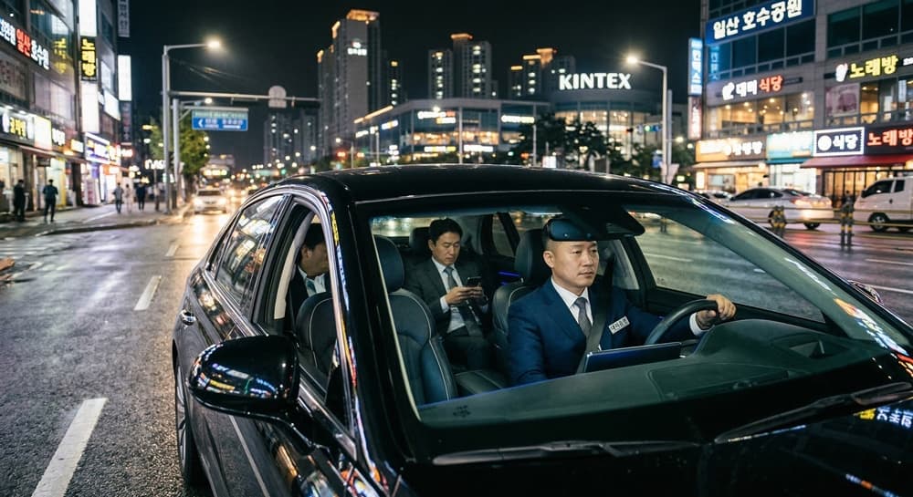 대리운전투잡 관련 야간 도심을 주행하는 고급 세단과 정장 차림의 기사