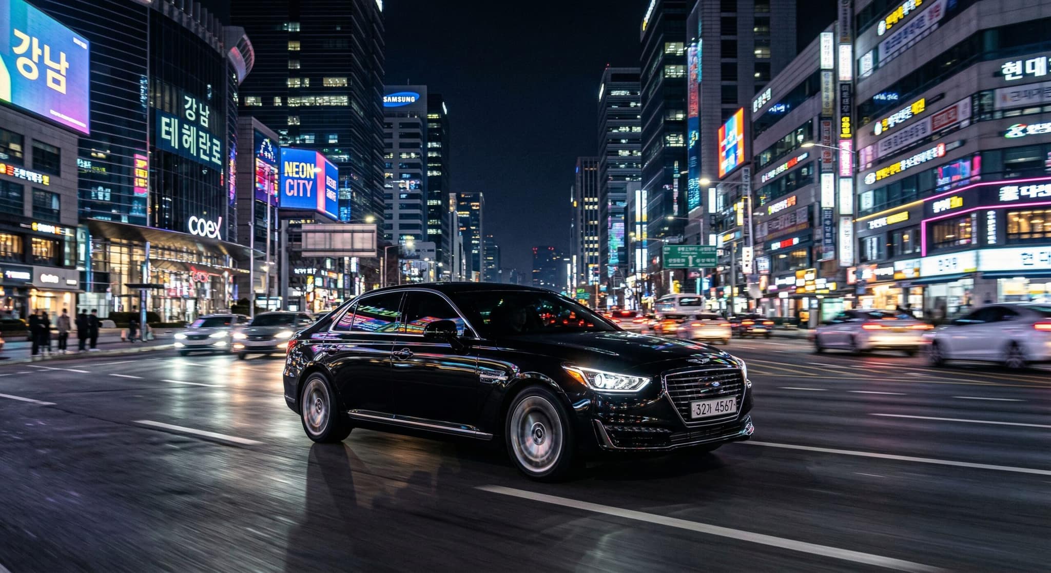 강남 테헤란로의 화려한 네온 불빛이 반사되는 premium black sedan의 high-speed motion blur 야간 주행을 포착한 cinematic lighting 렌더링.