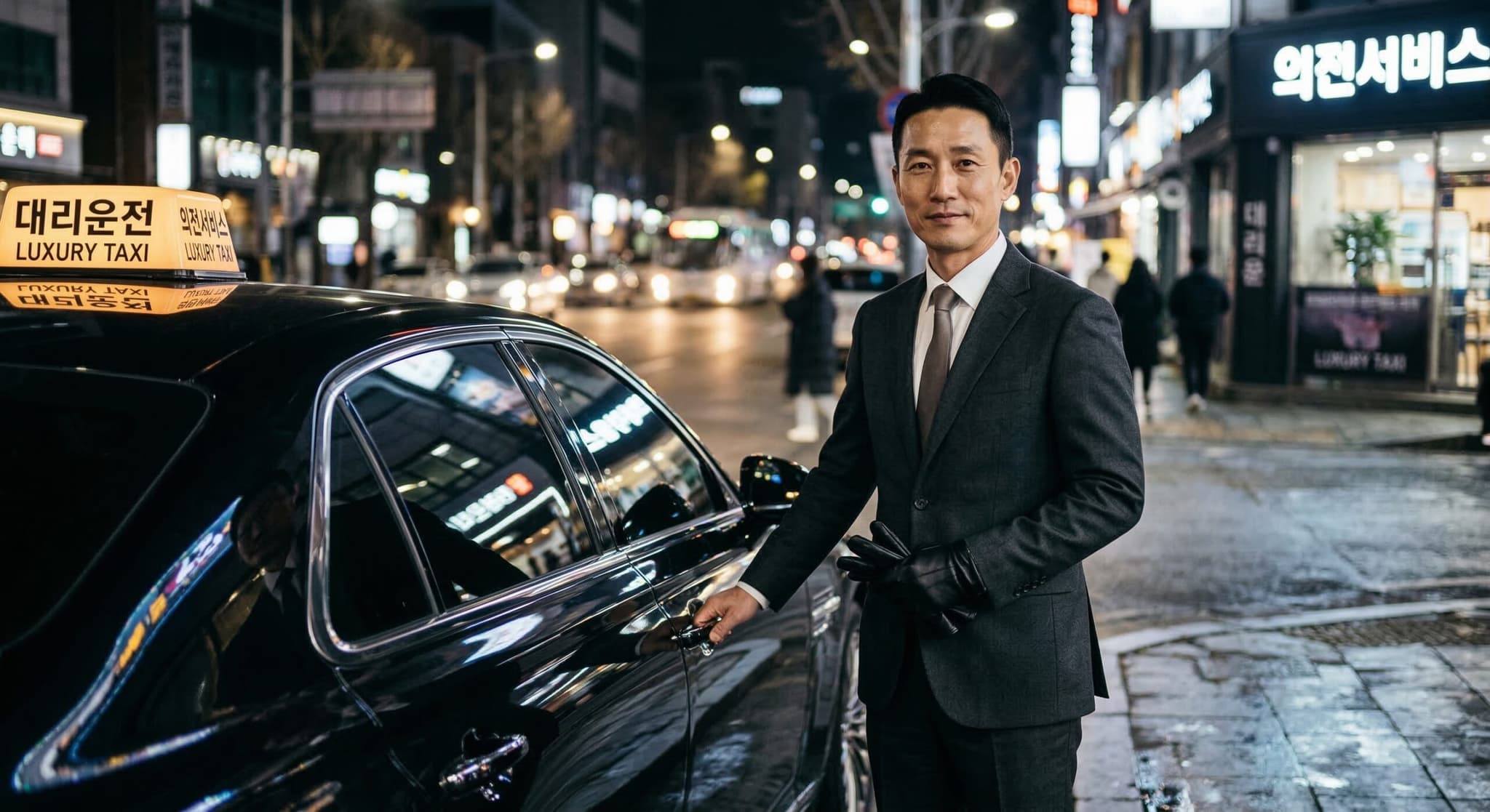고급 비즈니스 의전(Executive Protocol)을 수행하는 전문 대리운전 기사의 신뢰감 있는 모습. Premium Chauffeur Service in Seoul with high-end luxury vehicle reflections and professional attire.
