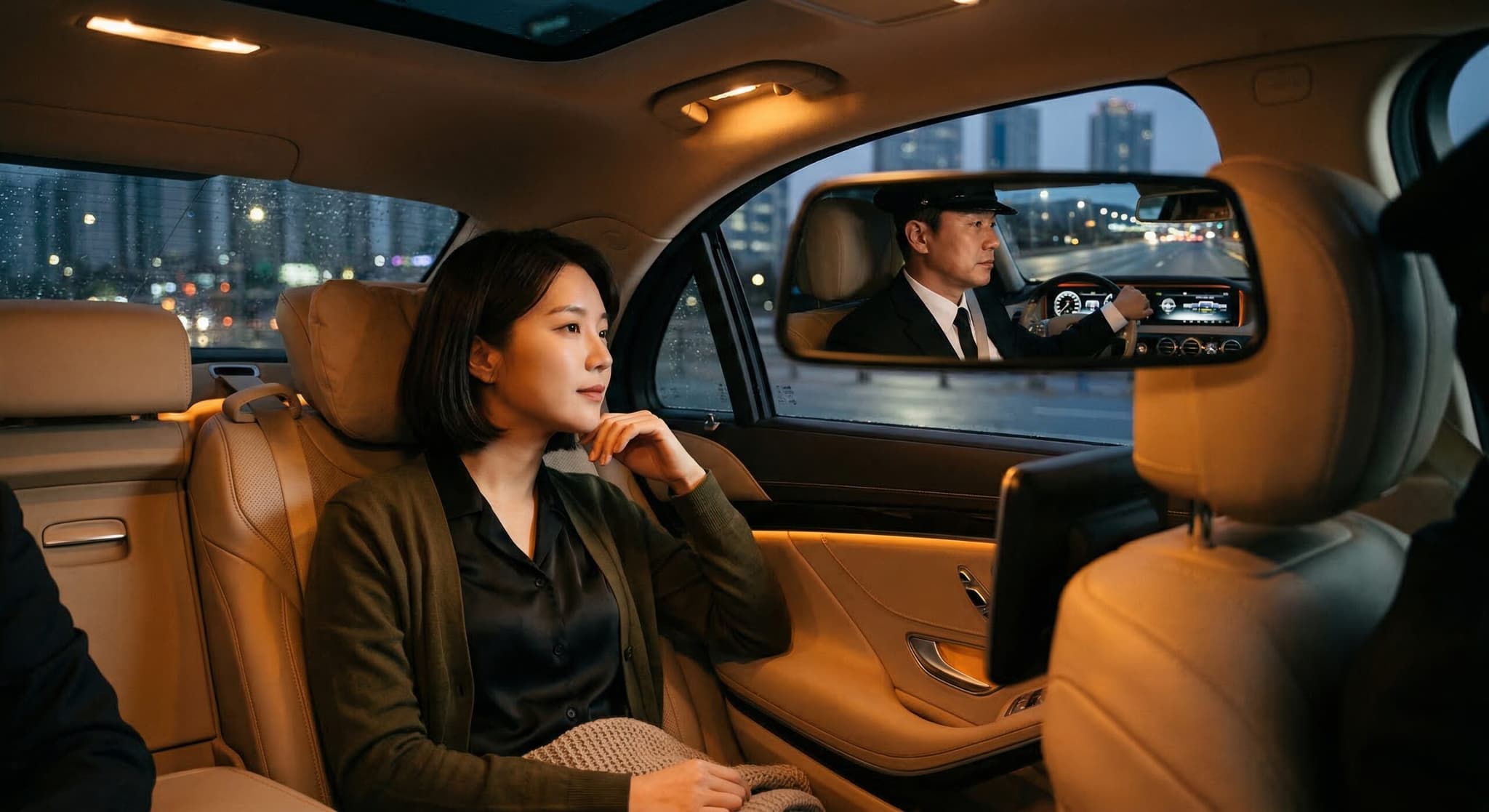 밤의 Cityscape가 보이는 뒷좌석에서 Relaxed Expression으로 창밖을 응시하는 여성을 Rearview Mirror에 비친 Chauffeur의 시선과 함께 담아낸 Photorealistic 장면.
