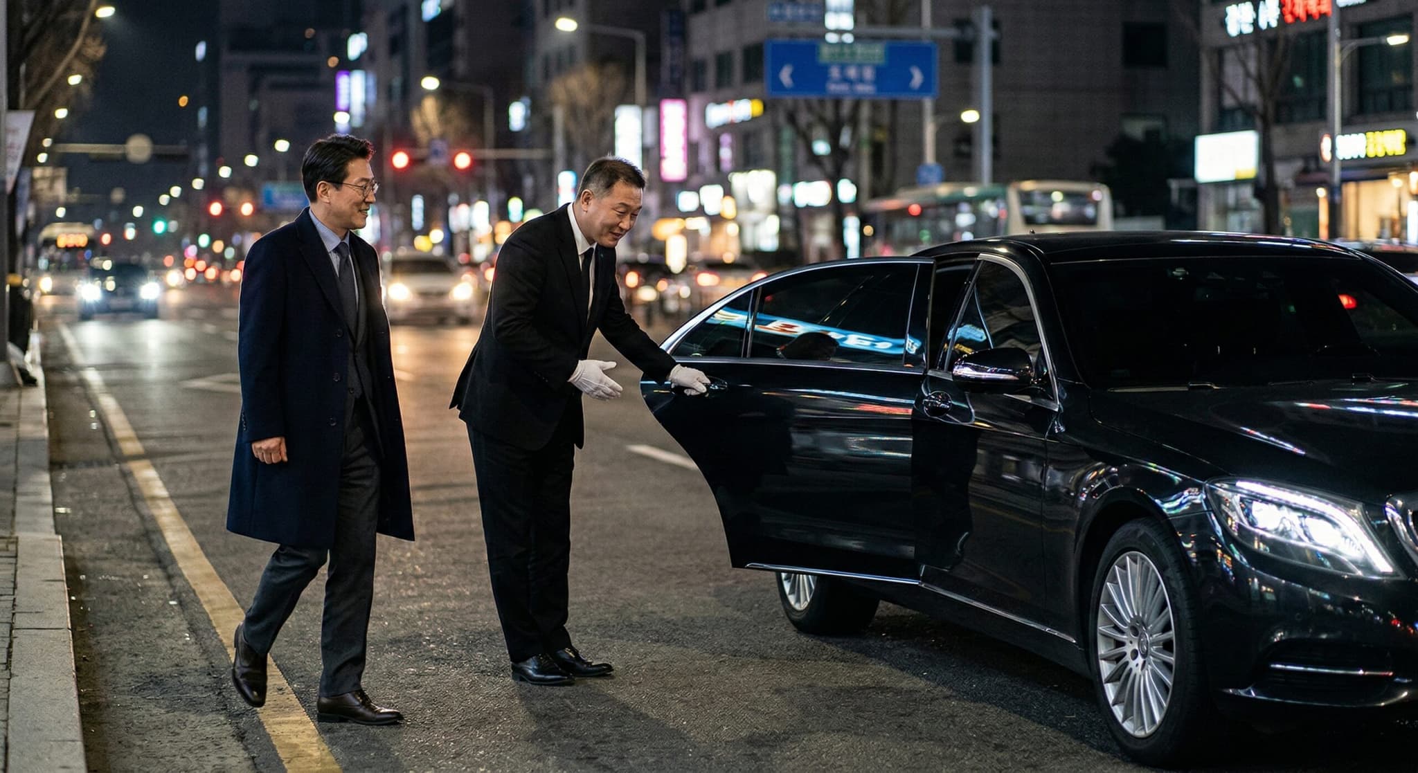야간 도심에서 정장 차림의 프로 기사가 VIP 임원을 차량으로 안전하게 안내하는 premium chauffeur escort service 현장.