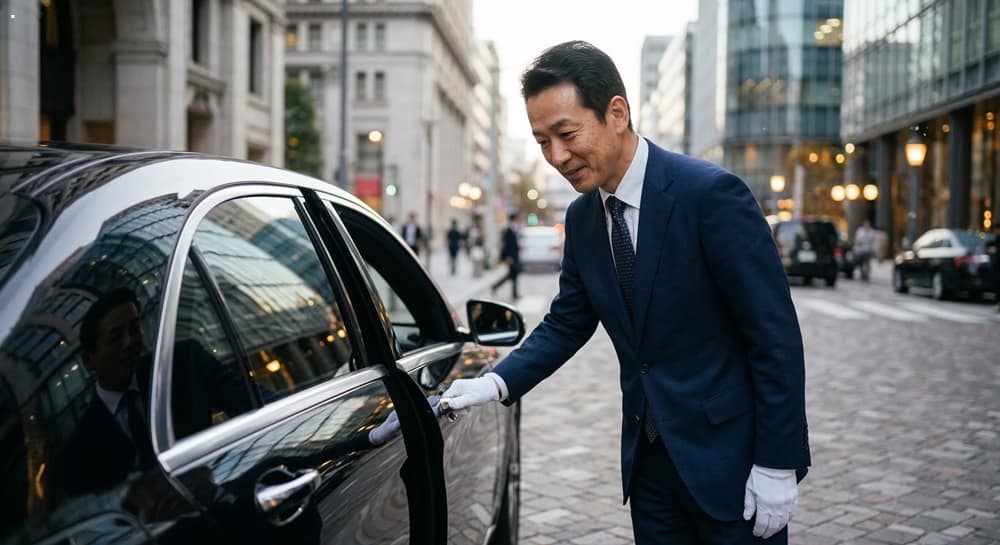 고급 블랙 세단 앞에서 정중하게 고객을 맞이하는 전문 운전기사의 Chauffeur Service 모습. 맞춤형 Suit의 조직감과 차체의 Metallic PBR 재질이 돋보이는 High-End Cinematography.