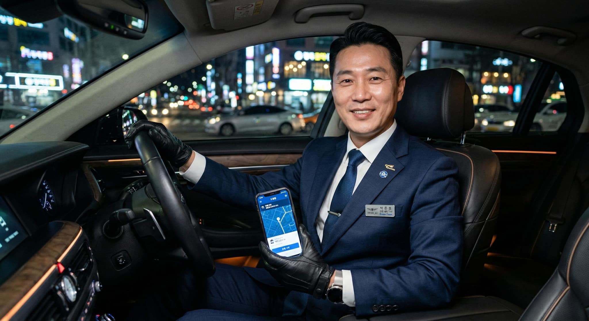 고객의 안전과 품격을 위해 단정한 정장을 착용하고 프리미엄 대리운전 서비스를 제공하는 전문 기사의 실사 이미지.