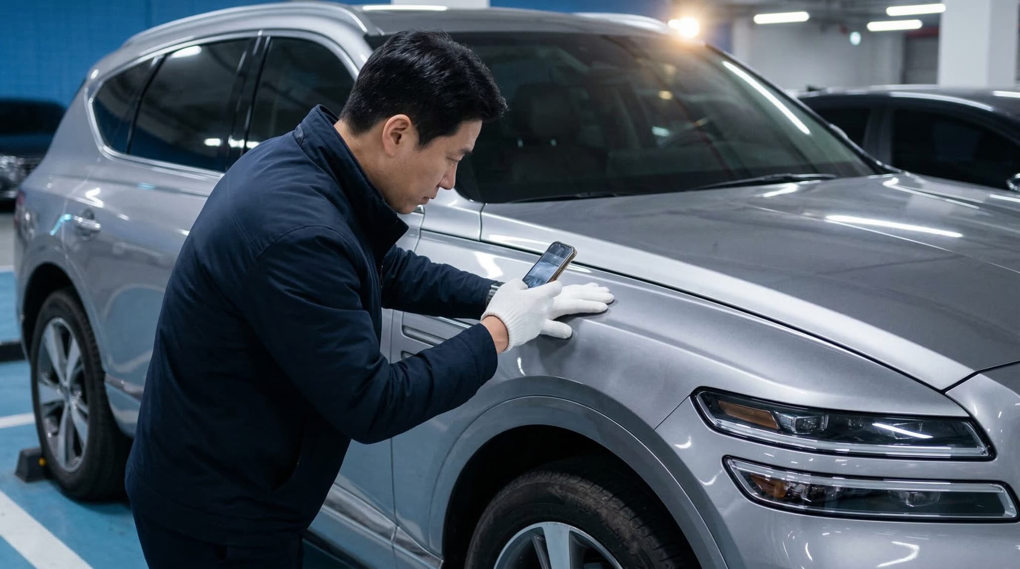 차량 이동 서비스를 위해 흰 장갑을 끼고 SUV 외관을 꼼꼼히 체크하는 전문 탁송 기사. A professional Korean consignment driver performing a meticulous vehicle pre-trip inspection with white gloves and a smartphone in a parking lot, featuring realistic PBR materials.