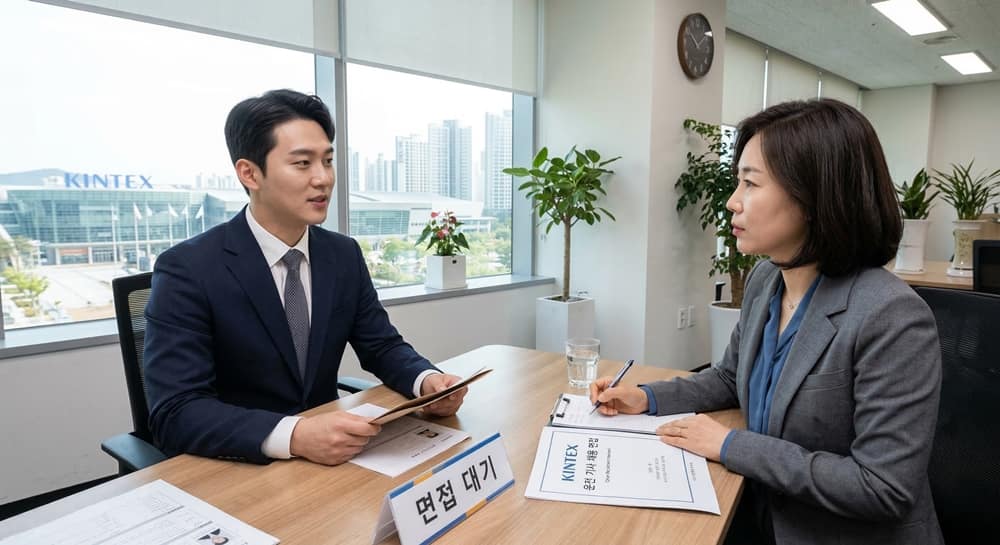 깔끔한 정장 차림의 지원자가 면접관과 마주 앉아 전문 기사 채용 면접에 임하는 모습. Professional driver applicant in a suit having a 1-on-1 job interview in a modern office, featuring realistic PBR textures and lighting.