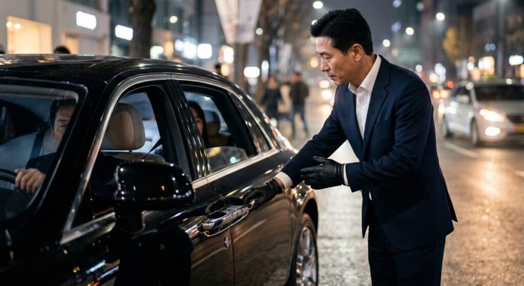 대리운전기사 관련 최고급 수입차량의 문을 열어주며 의전하는 모습
