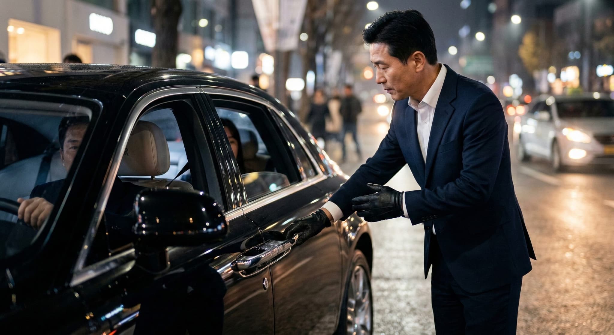 고급 수입차 승객을 위해 정중하게 문을 열어주는 대리운전기사의 의전(Chauffeur Etiquette) 모습. A professional designated driver opening the door of an ultra-luxury vehicle in a respectful manner.