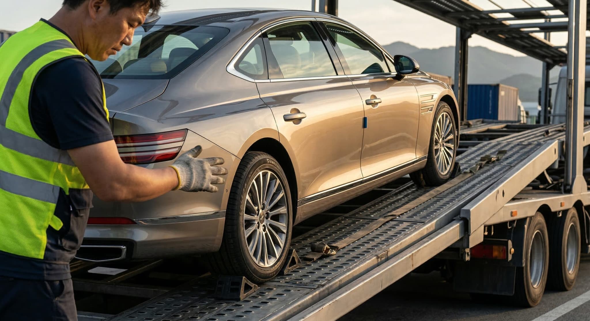 야외 물류 터미널에서 한국 자동차 탁송 업체(Vehicle Transport Company)의 기술자가 전문 카 캐리어 트레일러(Car Carrier Trailer)에 승용차를 안전하게 적재하는 실제 장면(Actual Scene).