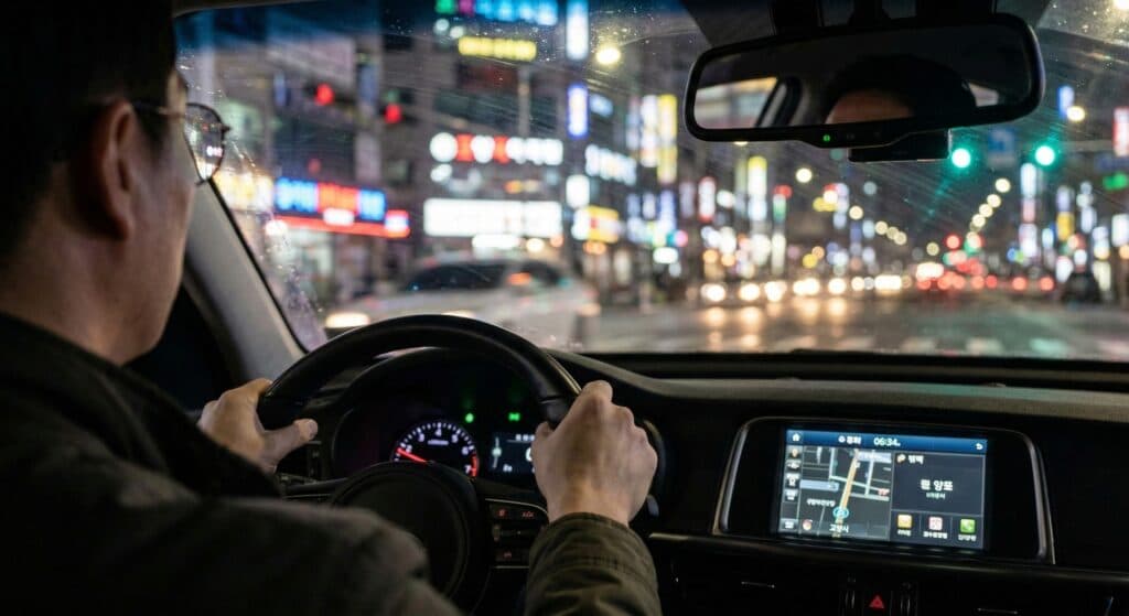 대리운전기사 관련 야간 도심 주행 중 안전을 최우선으로 운전하는 뒷모습