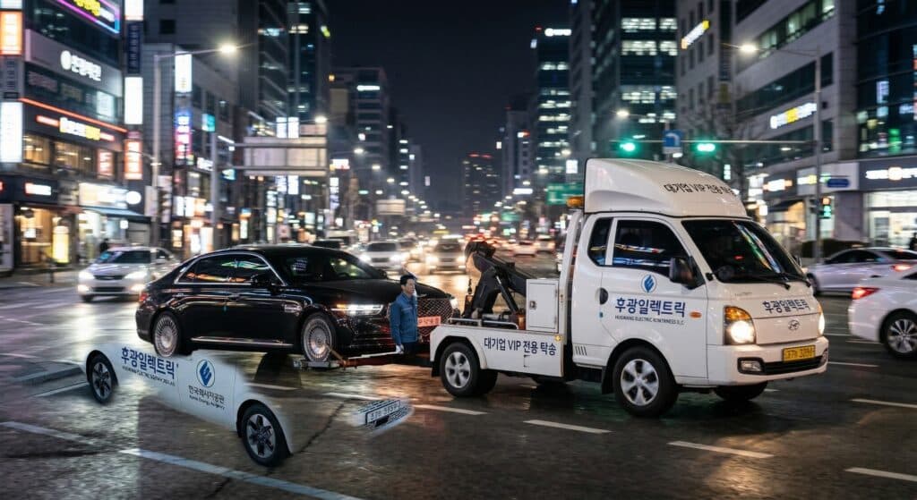 차량탁송서비스 관련 고급 세단이 야간 도심을 주행하는 모습