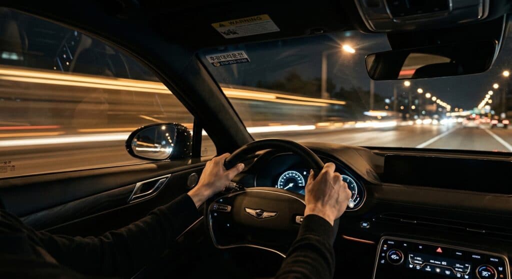 대리운전알바 관련 안전하게 야간 주행을 수행하는 모습