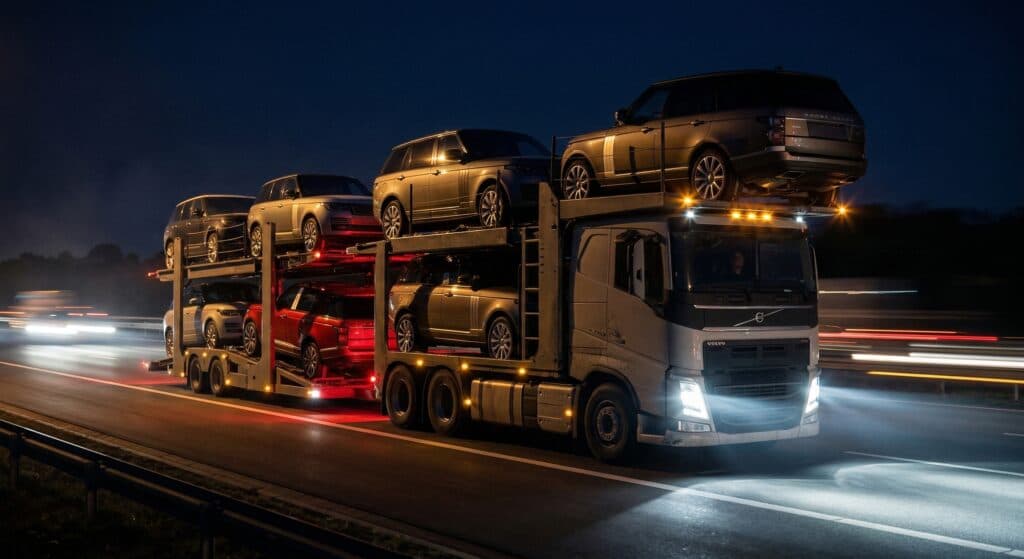 카캐리어 관련 대형 수송 차량이 야간 주행하는 모습